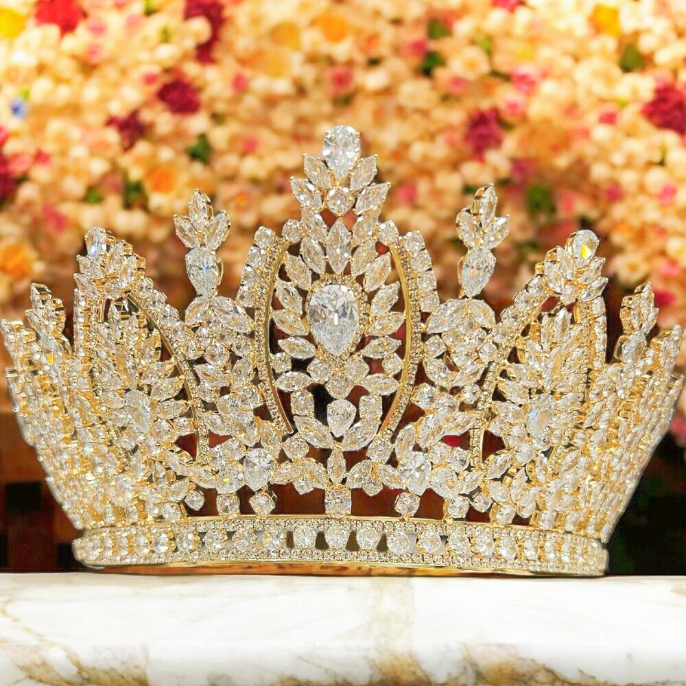 Bridal Headpiece, Wedding gold crown, Royal Princess Tiara, Cubic Zirconia Crown